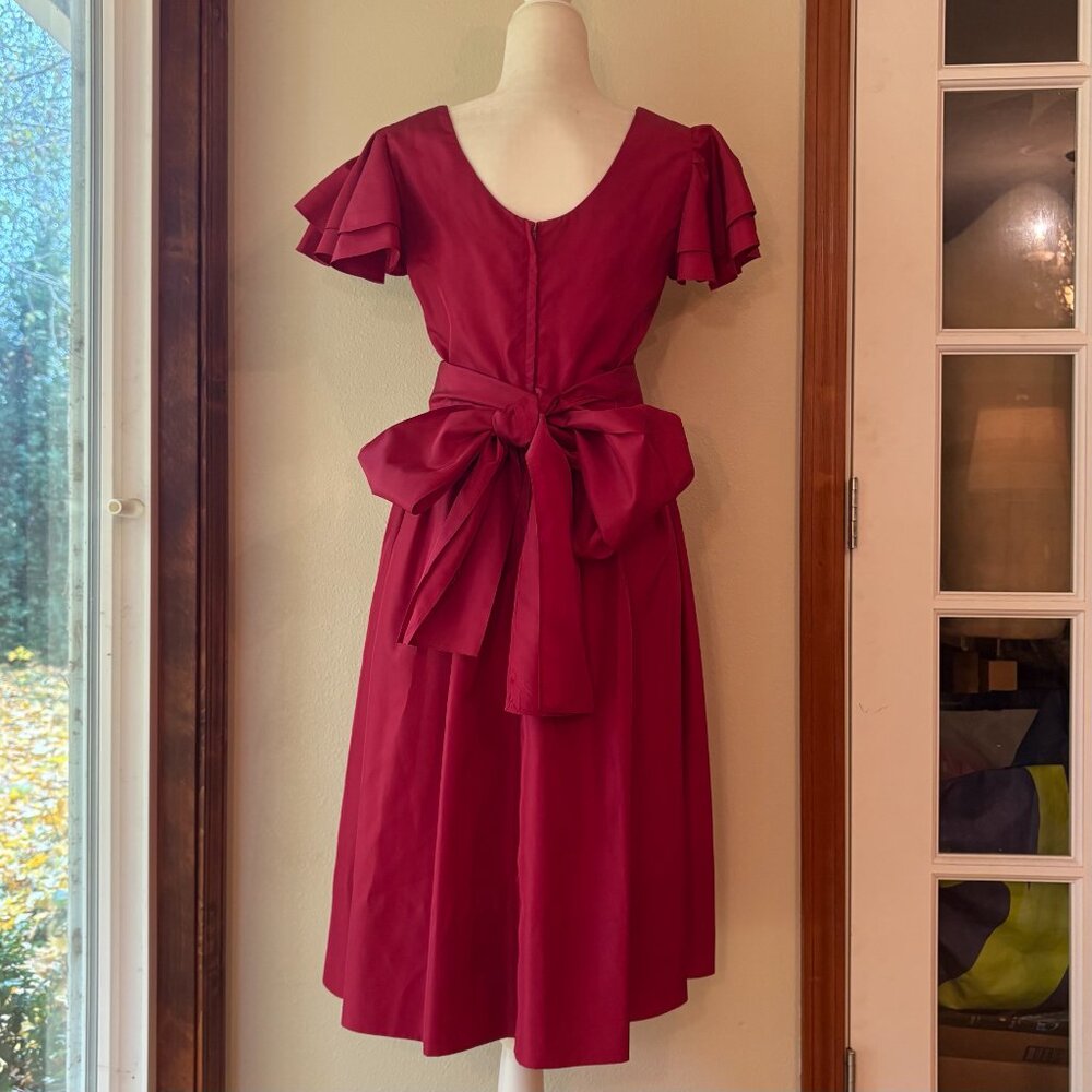 VTG 80s Handmade Red Midi Dress Flutter Sleeves Big Bow Scoop Back Fit Flare S